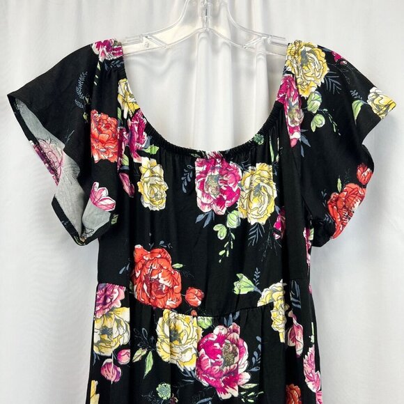 Sweet Lovely Off Shoulder Short Sleeve Floral A-Line Dress Black/Multi Medium - Picture 6 of 9